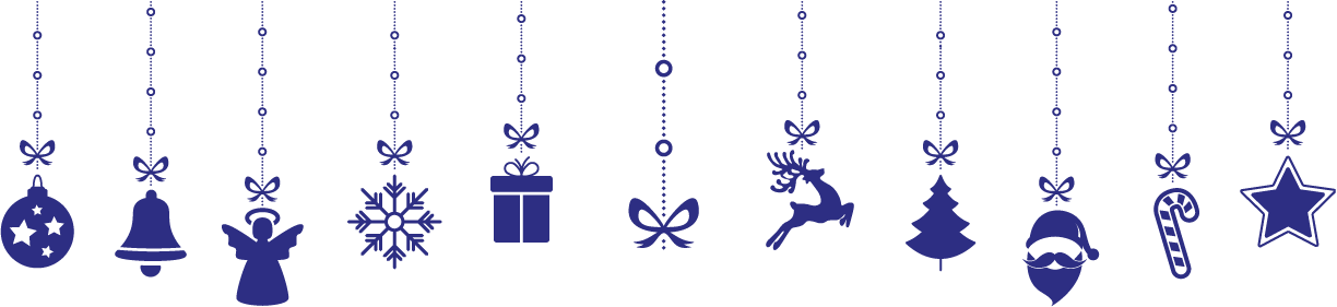 Eine Reihe weihnachtlicher Symbole in dunkelblauer Farbe, die an dekorativen Schnüren mit Schleifen hängen. Von links nach rechts: Christbaumkugel mit Sternen, Glocke, Engel, Schneeflocke, Geschenk, Schleife, springendes Rentier, Tannenbaum, Weihnachtsmannkopf, Zuckerstange und Stern.